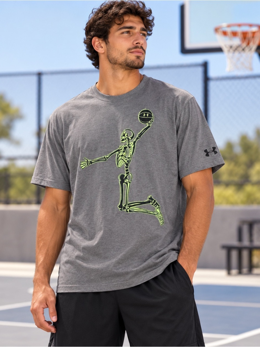 Under Armour Shirt T-shirt Mens XL Basketball Skeleton Loose Fit HEatgear Gray